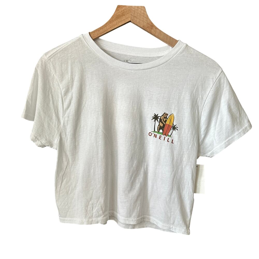 O’Neill Cropped California Surfing Bear T Shirt Large White Womens NWT